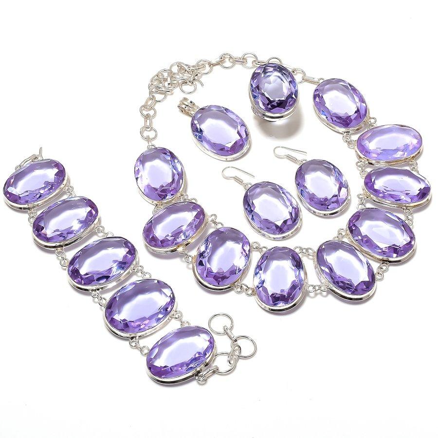 Natural Pink Amethyst Gemstone Handmade 925 Sterling Silver Jewelry Set K9B94