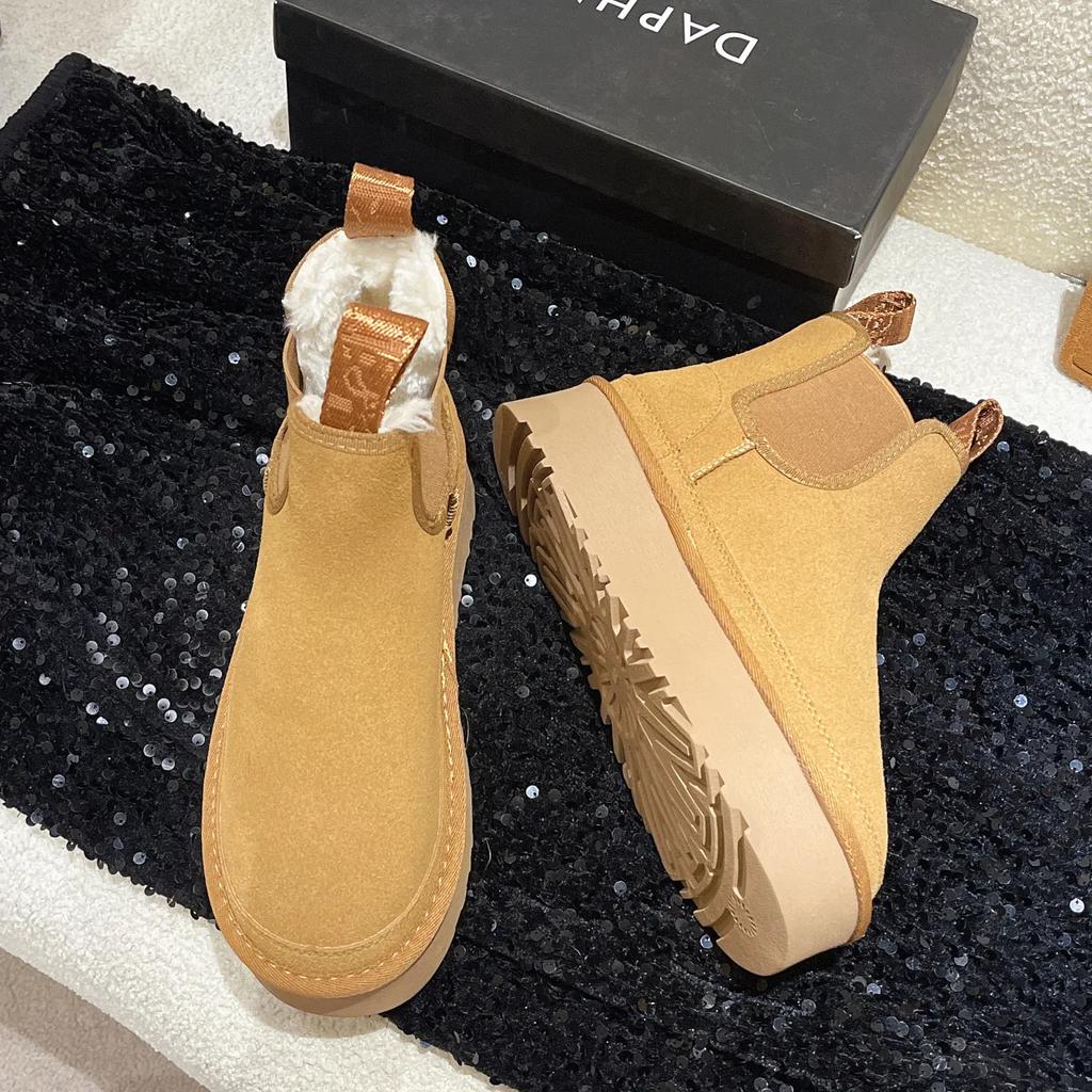 Fashion Platform Ankle Boots Woman Winter Fur Chelsea Luxury Designer Shoes Ladies Flat Heel Warm Casual Elegant Plush Snow Booties
