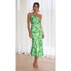 VEZFAA Women's Fashion Summer Spring Flower Pattern Print Sleeveless Oblique Collar High Waist Casual Dresses