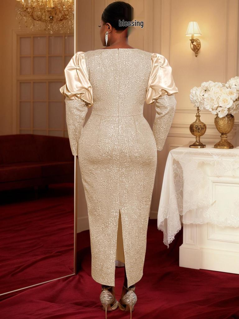 Plus Size Elegant Light Purple Jacquard Puff Sleeve Long Formal Dress.