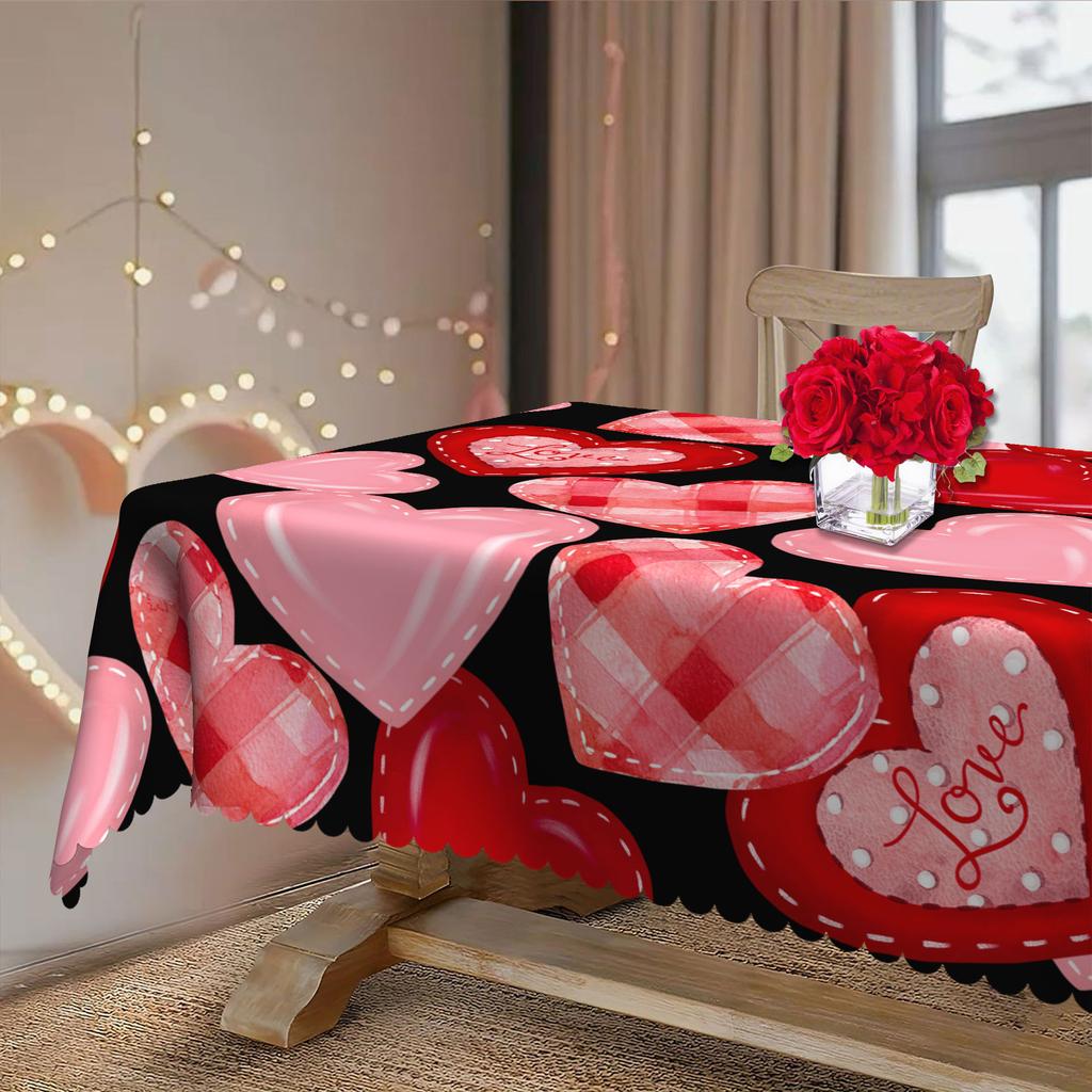 Red Heart Round Tablecloth, Valentine'S Day Love Design Black Background Table Cloth, Waterproof Party Decorative Cover Cloth
