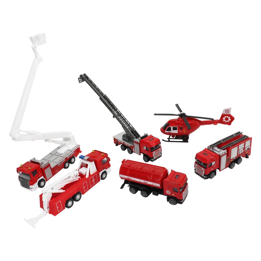 1:50 6pcs Diecast Fire Truck Vehicle Toy Set Pull Back Helicopter Ladder Emergency Vehicle
