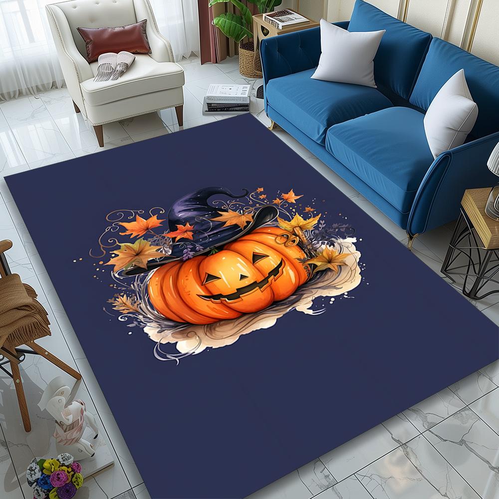 Halloween Pumpkin Area Rug | Crystal Velvet Polyester | Vibrant Witch Hat & Autumn Leaves Design | Ideal for Living Room, Bedroo