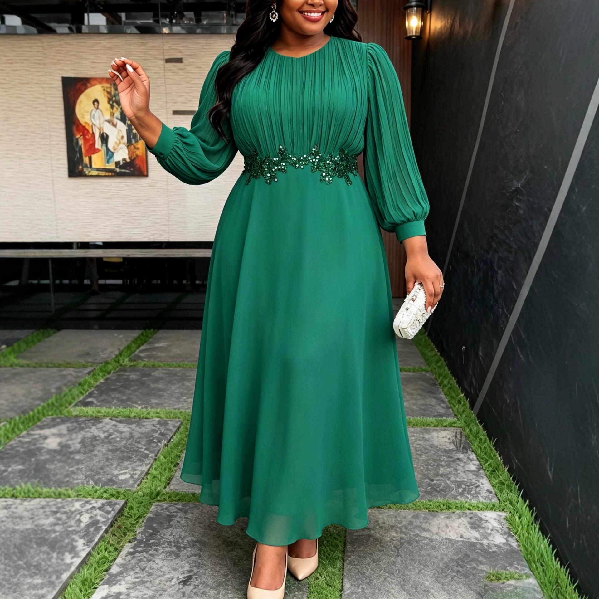 Plus Size Emerald Green Sequin Waist-Cinched