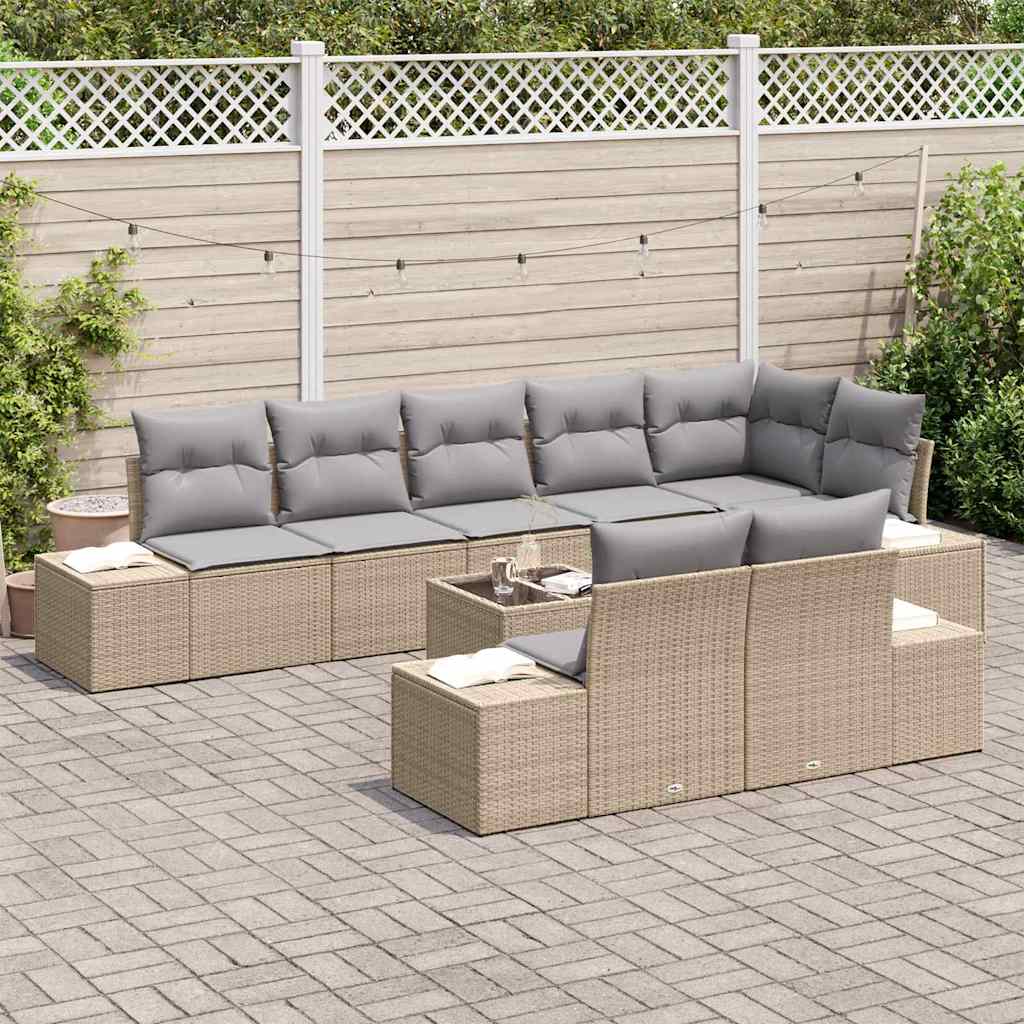 9 Piece Garden Sofa Set with Cushions Beige and Gray Poly Rattan