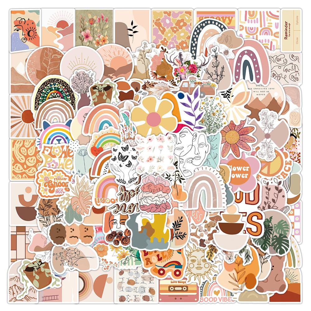 50 100Pcs Vintage Art Bohemia Stickers Retro Boho Cartoon Morandi Vinyl Decals For Laptop Scrapbooking Notebook Case Decor