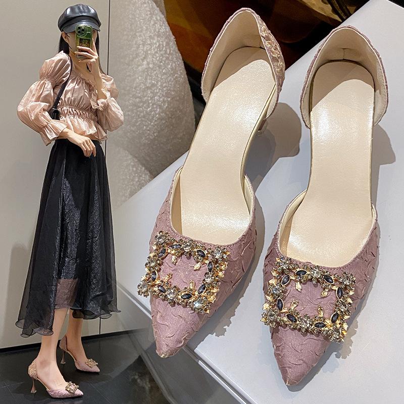 Fashion Women High Heel Pumps 6cm/9cm Pointed Toe Stiletto Low Heel Women's Shoes Office Lady Rhinestone Shoes Pink Heels Wedding