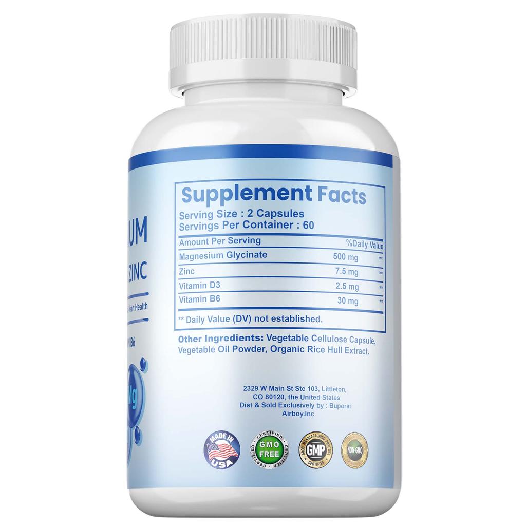 Magnesium Glycine Capsules, Containing Zinc, Vitamin D3, and B6 Extracts, Help Relieve Leg Cramps and Relax Muscles.