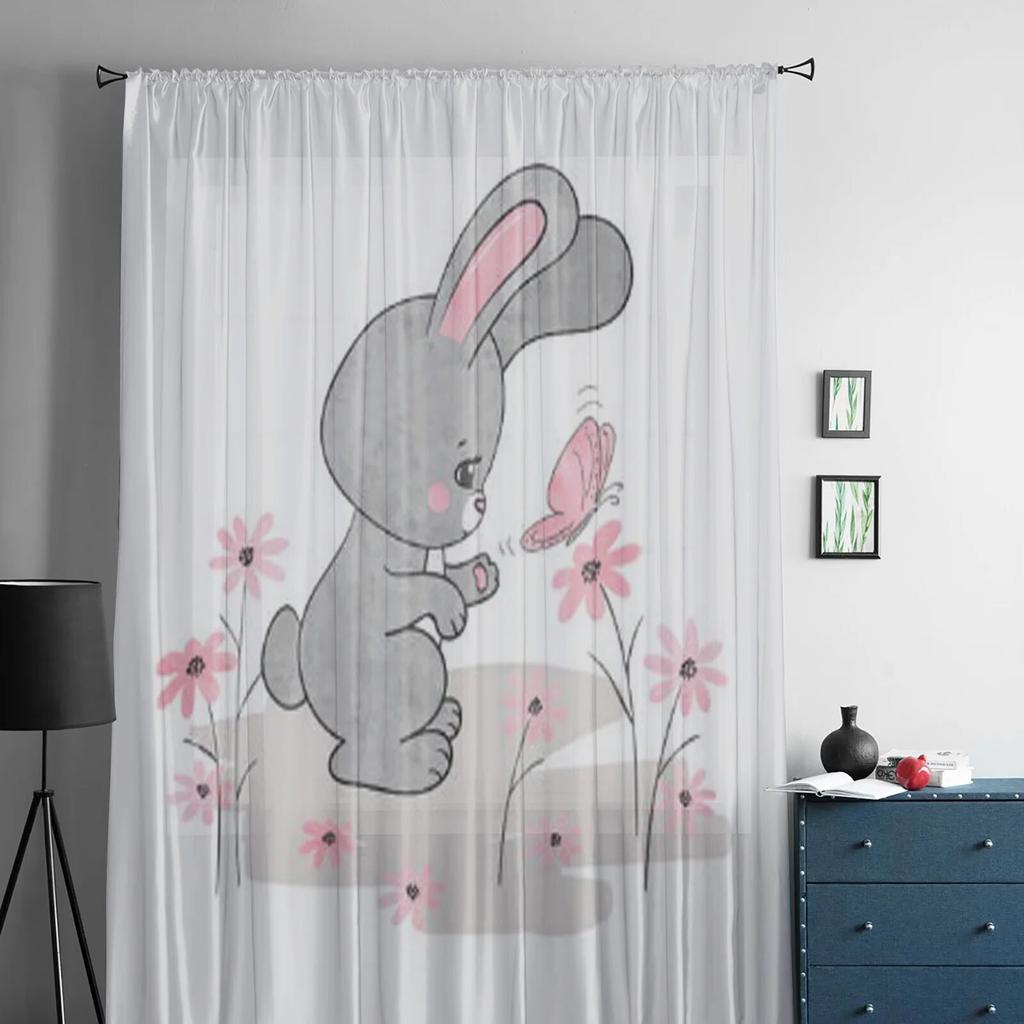 Cute Bunny and Butterfly Sheer Window Curtains for Living Room Girl Bedroom Tulle Curtains Kitchen Veil Chiffon Drapes