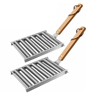 M-Modern-2Pcs Hot Dog Roller For Grill Sausage Roller Rack With Wood Handle BBQ Hot Dog Griller For Evenly Cooked Hot Dogs
