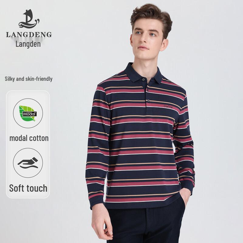 Langdeng Men s Silky Soft Striped Long-Sleeve Polo Shirt L