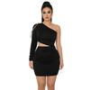 European and American Style Black Single Shoulder Exposed Navel Dress Women's Slim Pleated Skirt Set Sexy Fashion D