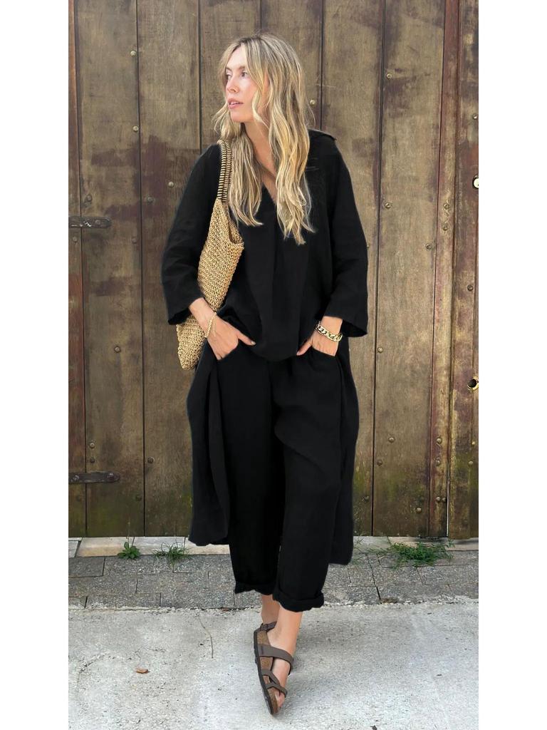 Set da Donna Primavera 2025 Taglie Forti Cotone Lino Set 2 Pezzi: Pantaloni Larghi a Vita Alta & Camicia