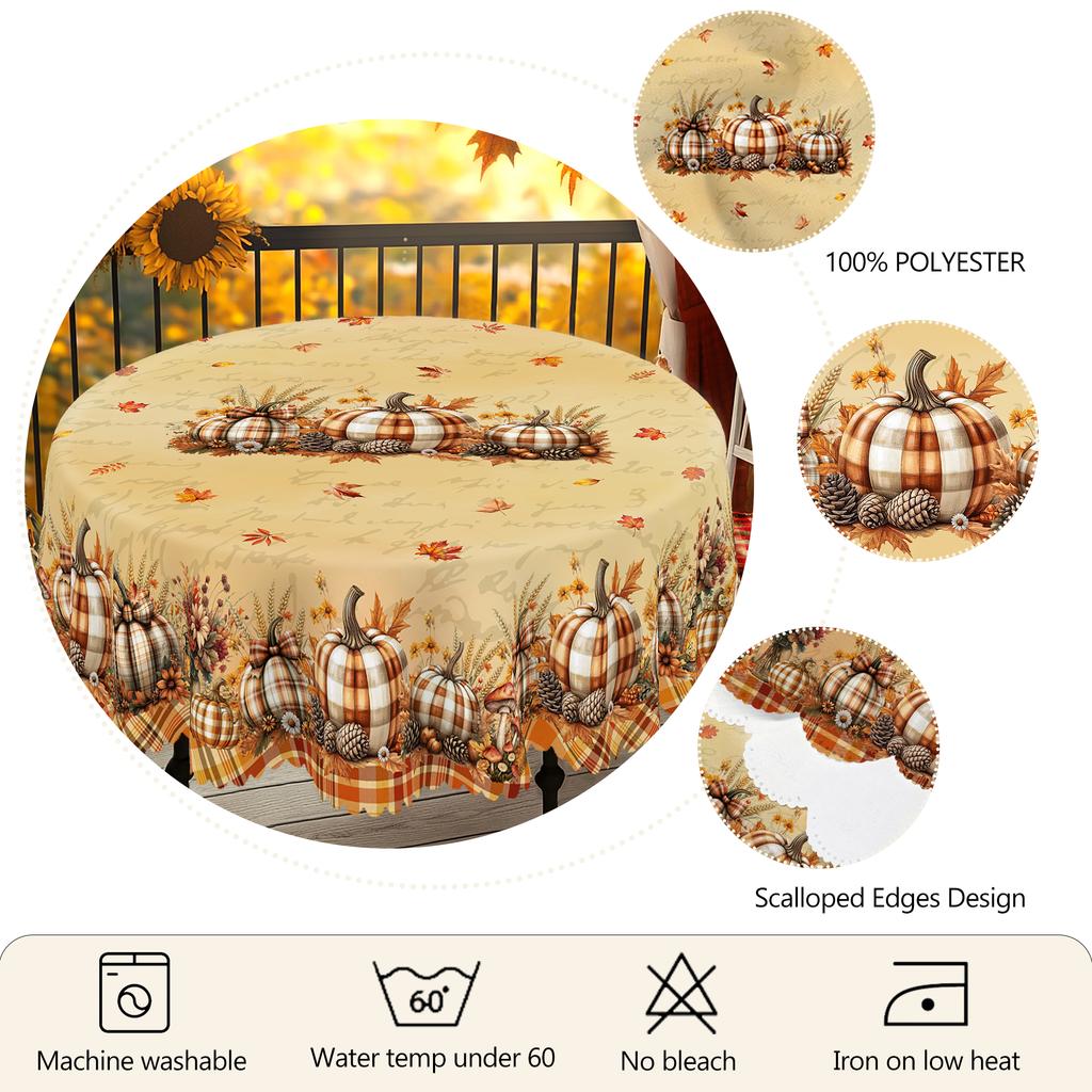 1 Piece Thanksgiving Round And Rectangular Tablecloth, Various Sizes, Autum Pumpkin Wheat Ear Orange Plaid Tablecloth, Table Cover For Home Kitchen, T