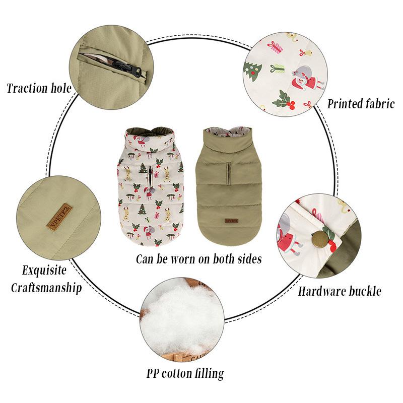 Christmas Dog Jacket Party Printing Reversible Winter Dog Coat for Small Dogs Soft Padded Warm Dog Clothes with Hole for Leash