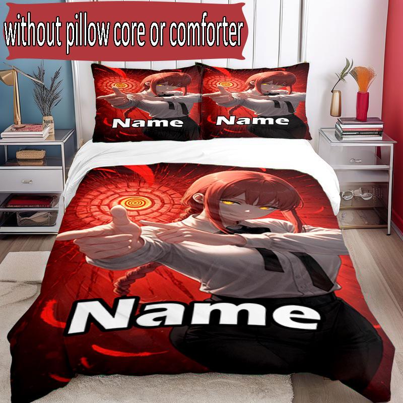 3pcs Duvet Cover Set (1*Duvet Cover + 2*Pillowcase, Without Core), Custom Name Makima Chainsaw Man Pattern Bedding Set, Home Bedroom Decor Gift
