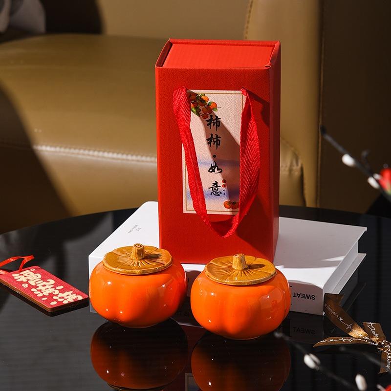 Ruyi tea set Household high temperature resistant tea can Kung Fu tea set gift box with persimmon ceramic tea can