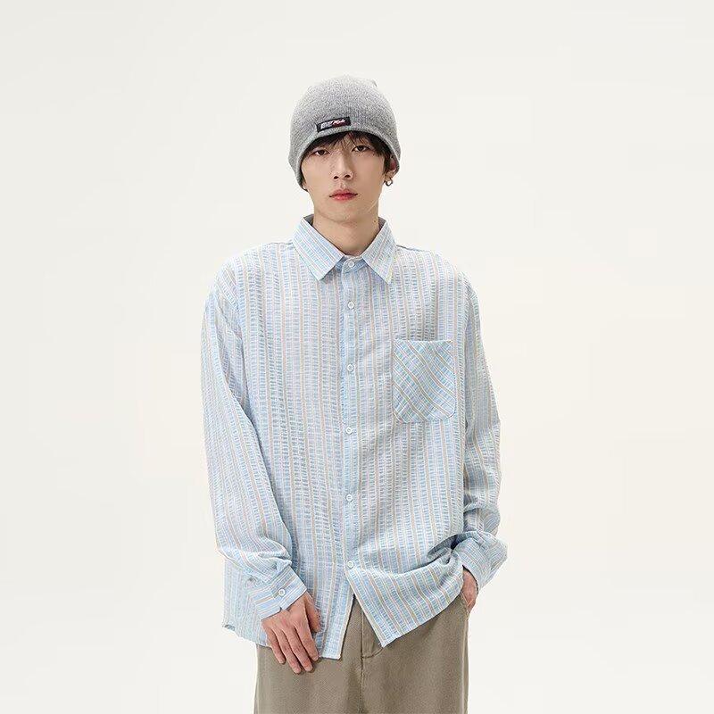 2024 Striped Long Sleeve Shirt Japanese Hong Kong Style Ins Loose Shirt Boys Summer Trendy Versatile Casual Coat