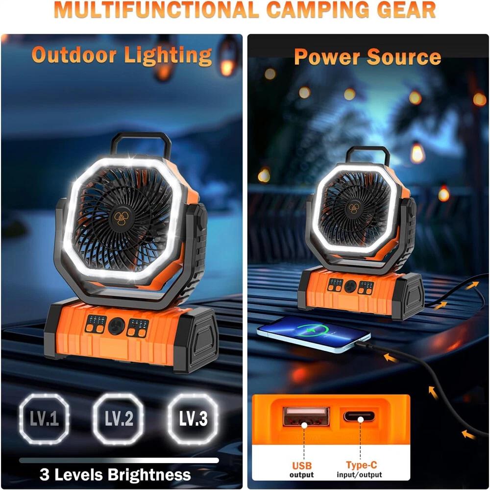 20000mAh Battery Operated Fan Portable Rechargeable Desk/Camping Fan with LED Light and Hook Outdoor Fan for Tent Car Trip