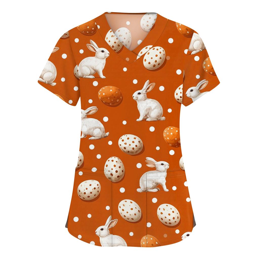 Abbigliamento da lavoro a maniche corte con scollo a V alla moda da donna con top stampati con tasche