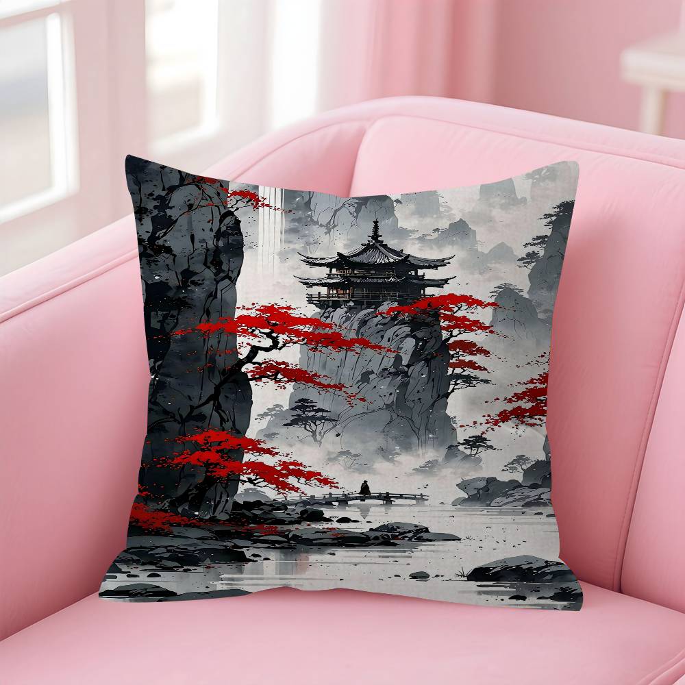 Landscape Samurai Geisha Bonsai Torii Gate Sakura Pillow Cover For Bedroom Room And Living Room Sofa Decorative Cushion Cover