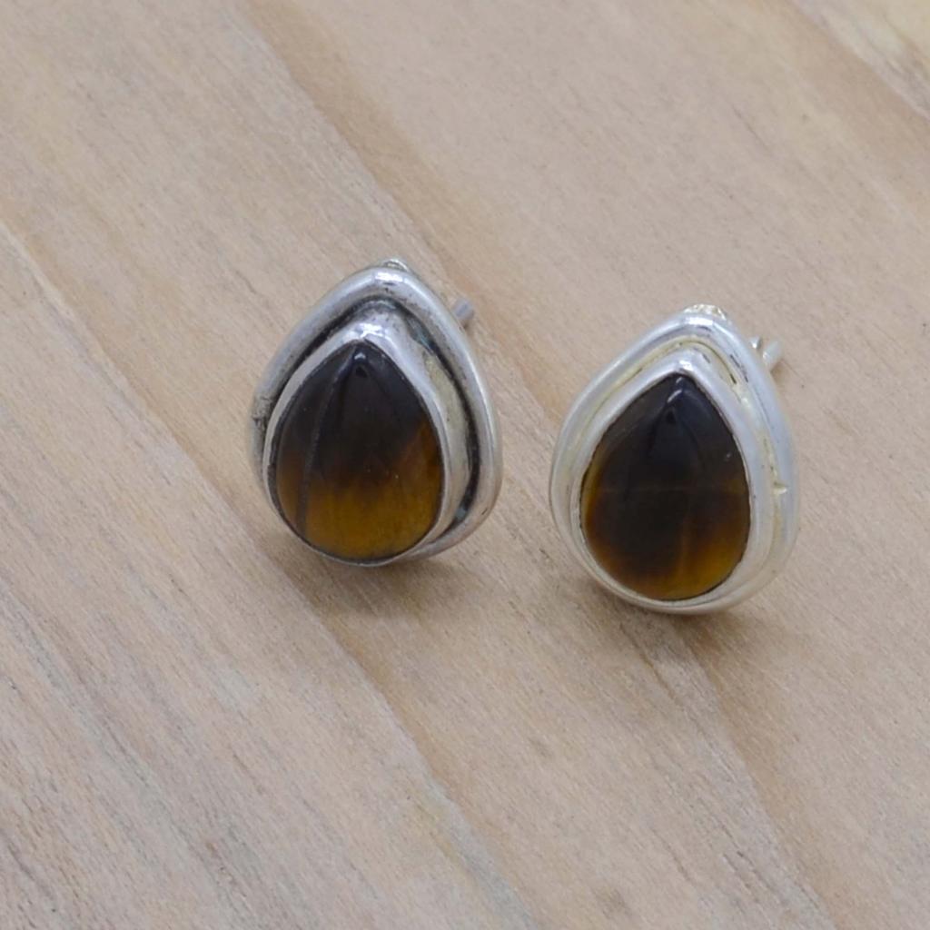 Tiger Eye Tear Drop Silver Stud Earrings For Woman, Natural Crystal Gemstone & Sterling Silver Handmade Aesthetic Jewelry, Bridesmaids Gift