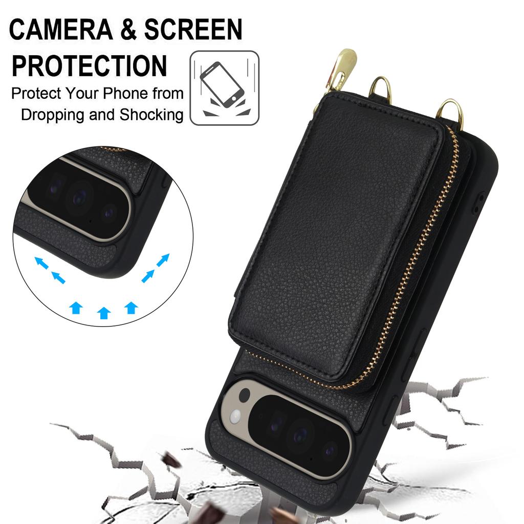 For Google Pixel 9/9 Pro Case RFID Blocking Zipper Wallet Leather + TPU Phone Cover with Shoulder Strap
