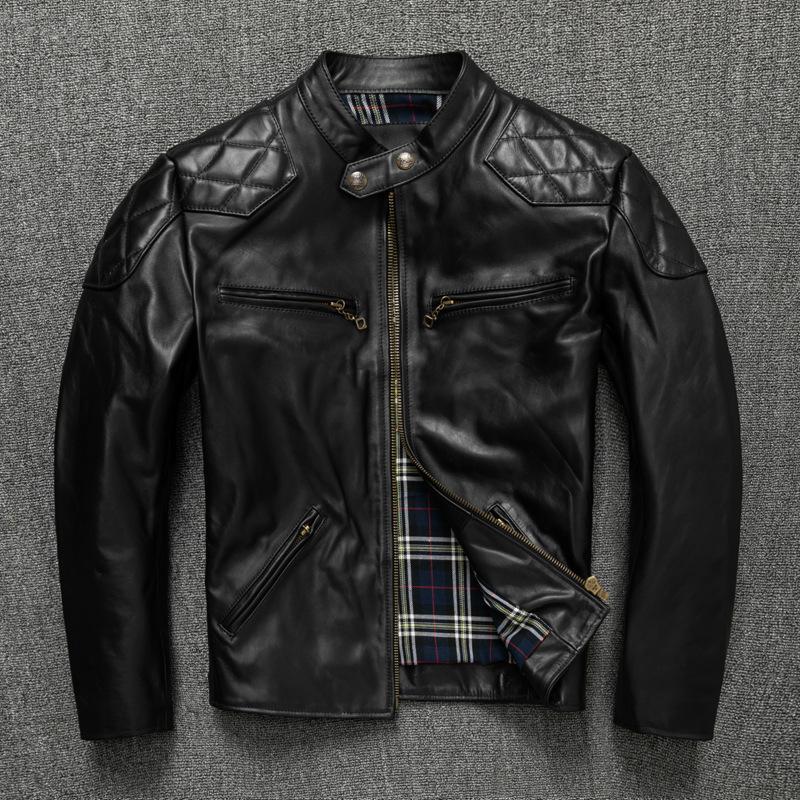 

Куртка из конской кожи первого слоя с чайным сердечником для мужской мотоциклетной короткой приталенной куртки с воротником-стойкой на осень 5XL чёрный