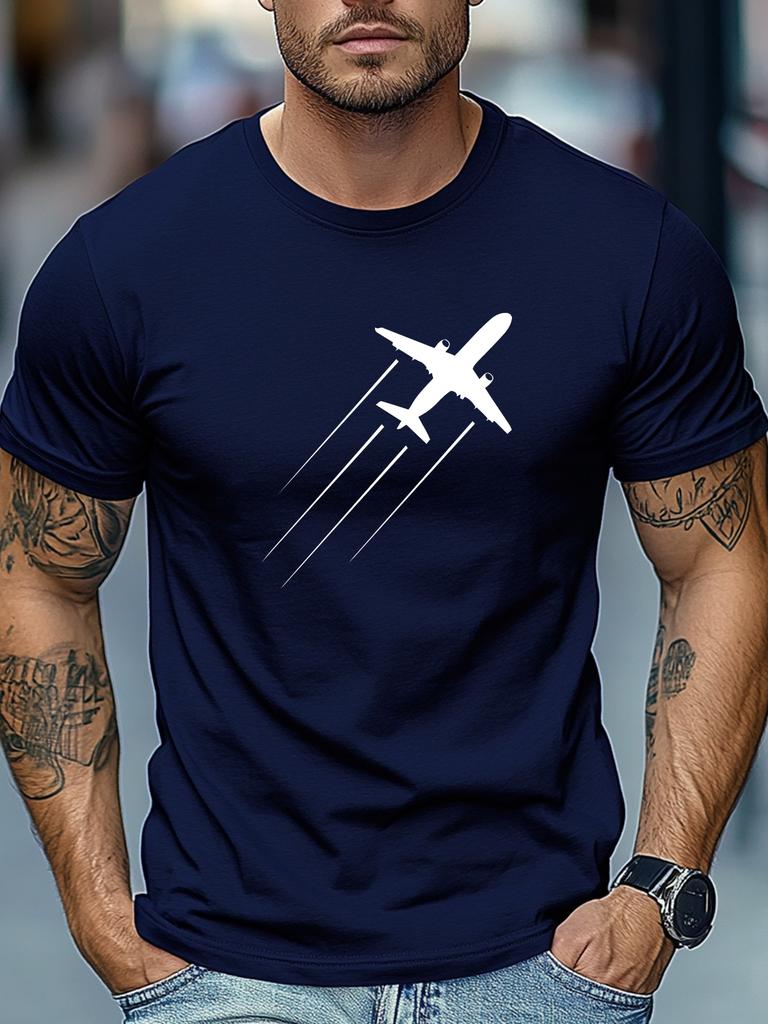 Airplane Takeoff Silhouette Print Unisexs Crew Neck Short Sleeve Tee Soft Summer Travel Pilot Daily Street Basic Casual Outfit Wear
