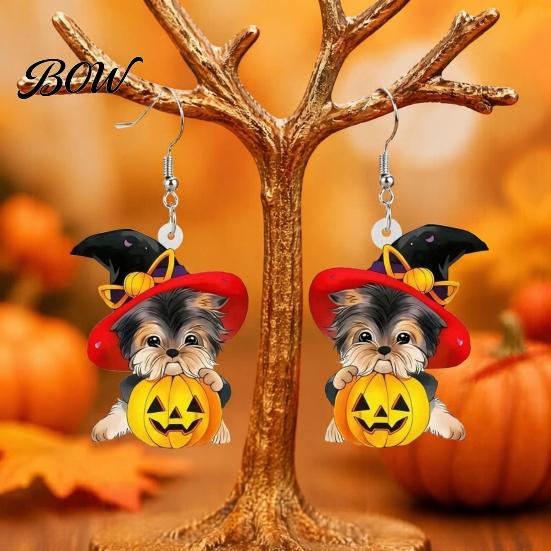 Decorative Holiday Ear Jewelry Witch Hat Puppy Earrings, Cute Dog Pumpkin Drop Halloween Gift for Her Lightweight Acrylic Jewelry, Accessories