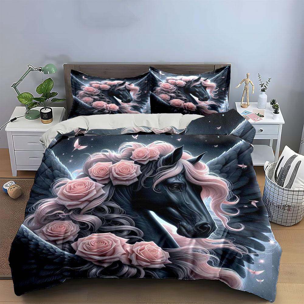 "Elegant Pegasus Rose Art Decor" Soft Skin-Friendly Bedding Set Includes 1 Duvet Cover And 2 Pillowcase Gift