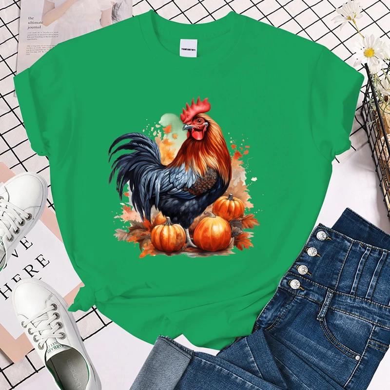 (Premium T-shirt)Cool Fall Chicken Pumpkin Print T-Shirt For Women Summer Fashion Casual T-Shirts Short Sleeve Creative Tops