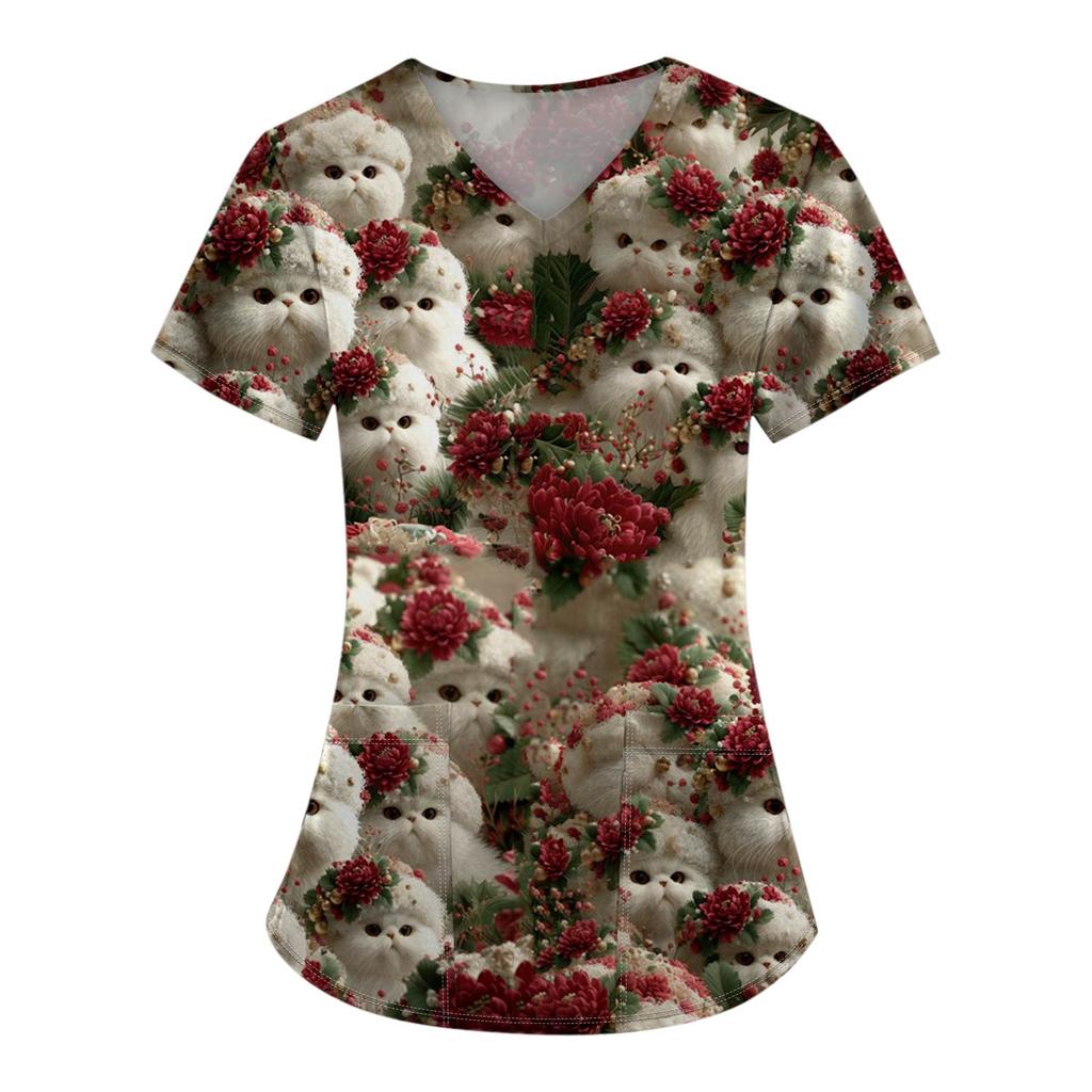 Women's Fashion Printed Short Sleeve V Neck Pattern Tops Pocket Working T-shirts