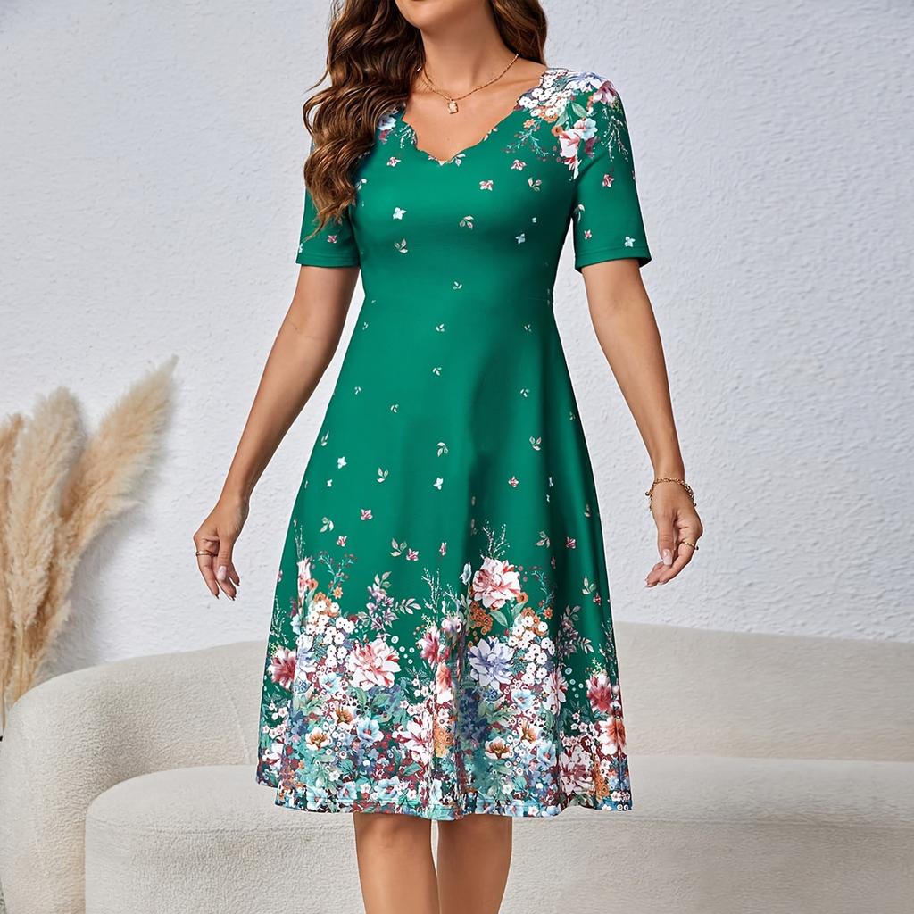 Summer Women's Dresses Short Sleeve V-neck Elegant & Beautiful Midi Dresses Female One-piece Dress Printed Dress