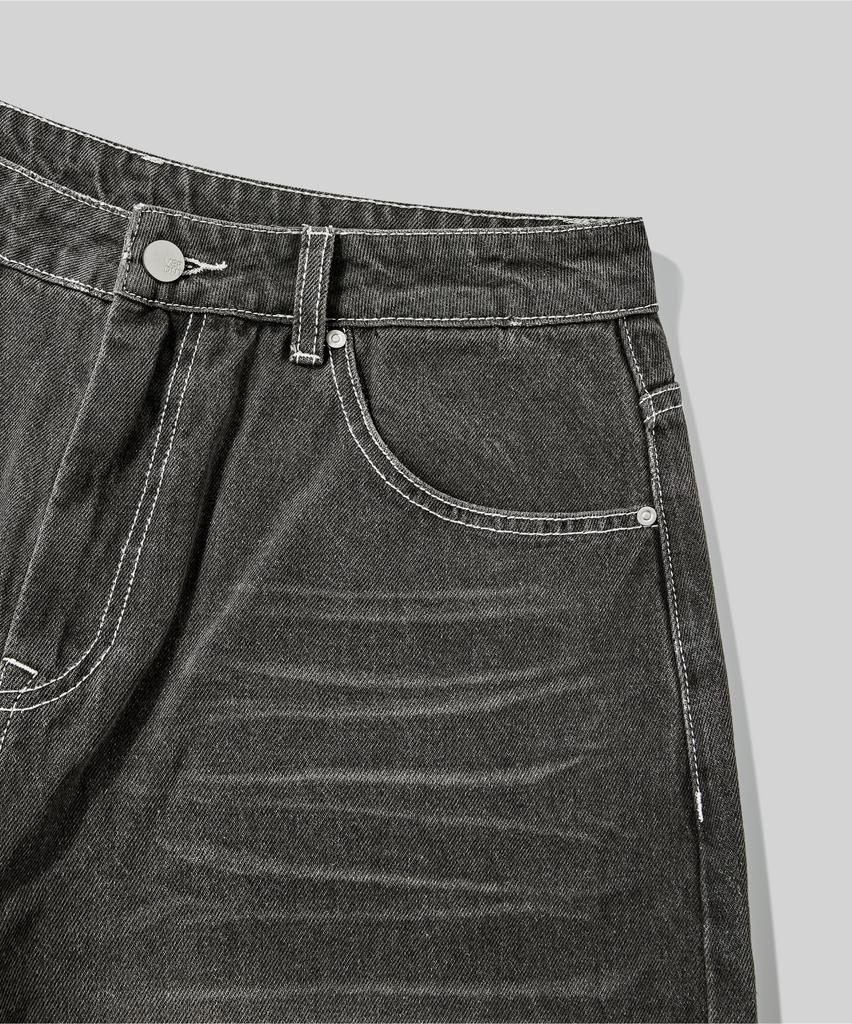 Beodeonteu Scratch Washed Balloon Denim Pants [Desert Black]