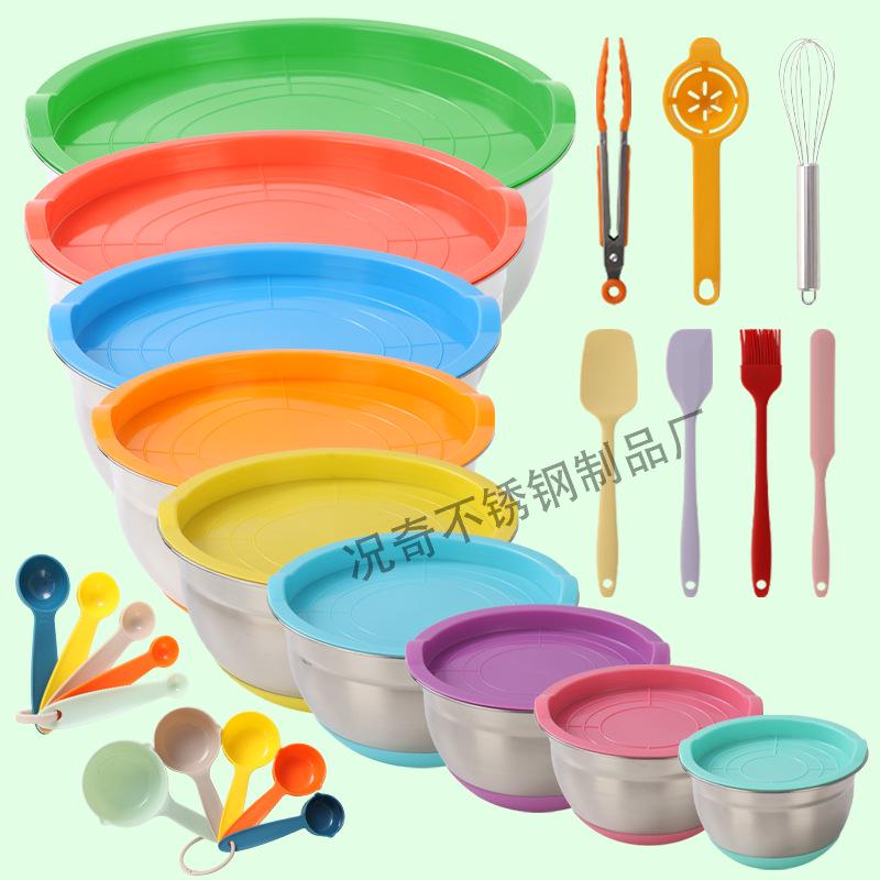 American-Style Silicone-Lidded Salad Bowl Set - Stainless Steel, Multi-purpose for Cooking, Baking, and Egg Beating.