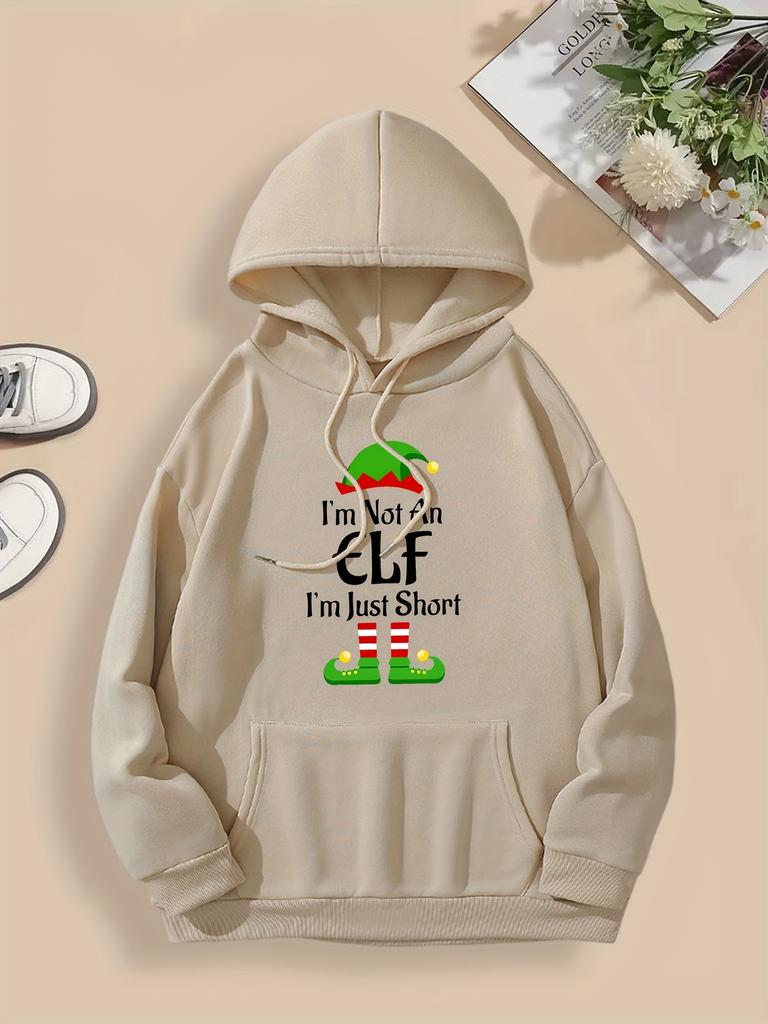 Christmas Festive Elf Print Hoodie Holiday Fashion Top for Fall/Winter  Casual Long Sleeve Pullover with Pockets Comfortable