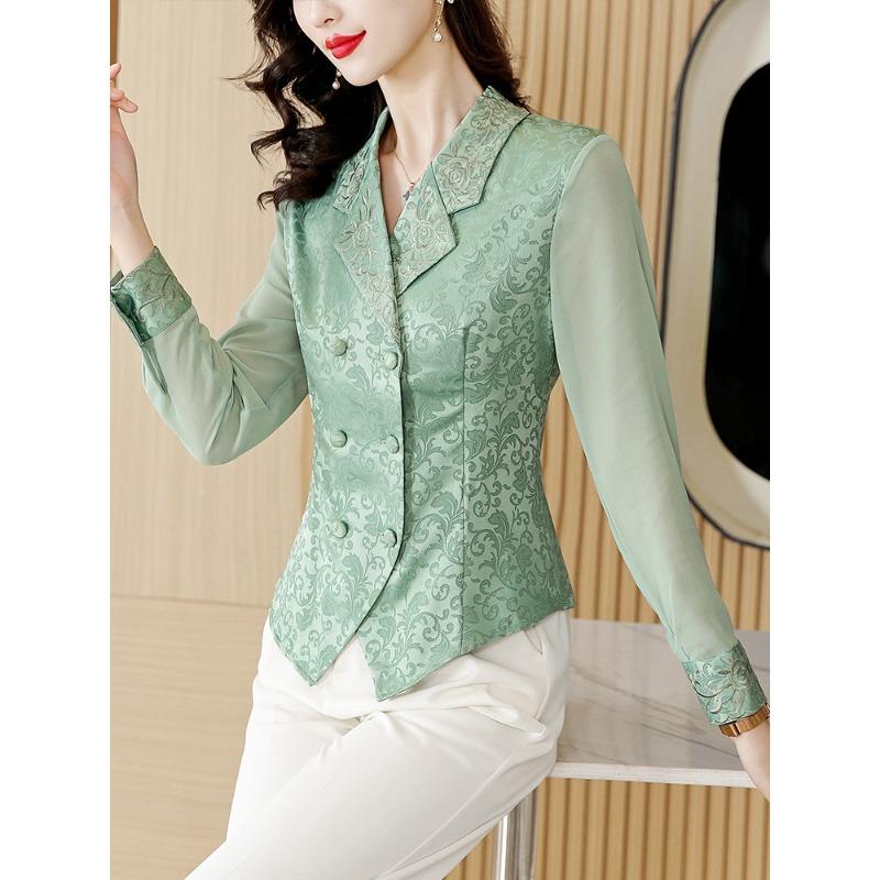 

Шелковая рубашка для женщин с длинными рукавами, весна-осень, новый стиль, рубашка, уникальная облегающая рубашка, маленькая рубашка, топ из французского атласа 3XL зелёный