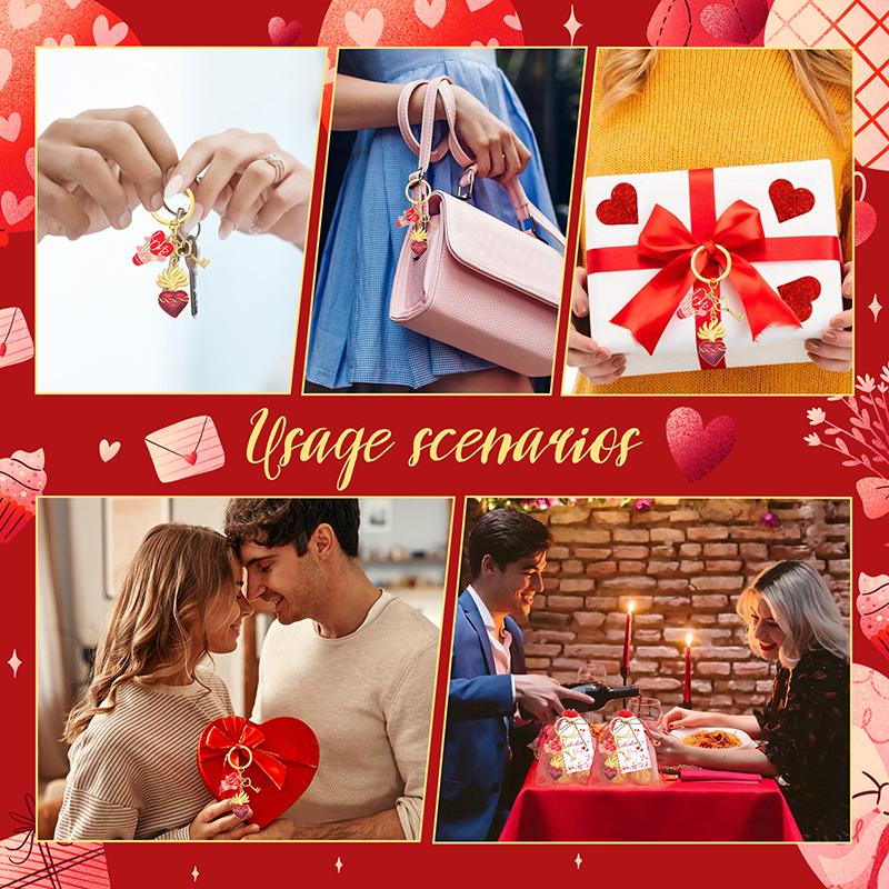 

6 Наборов Подарков для Пары на День Святого Валентина 6 Брелоков-Сердец, 6 Бирок для Подарков, 6 Красных Мешочков из Органзы Подарки для Обмена Парами красный