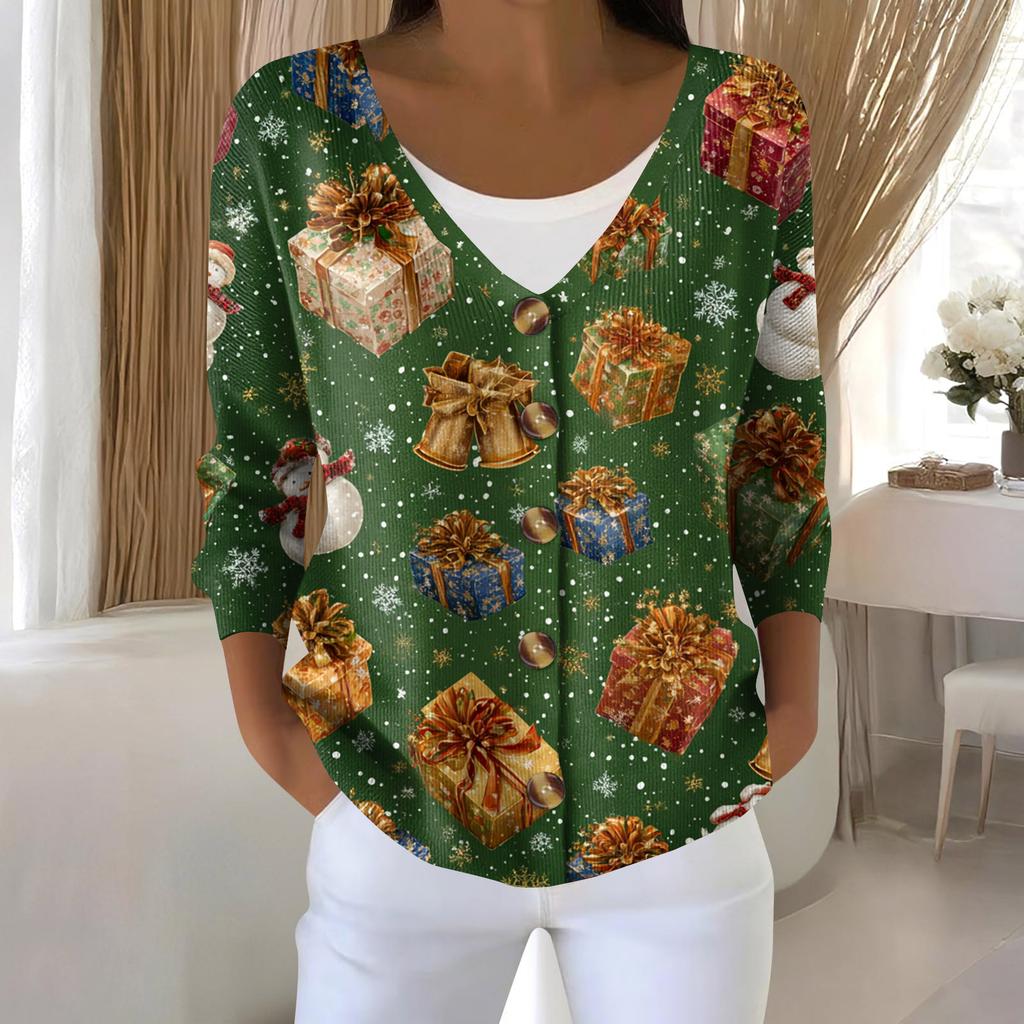 Women's Fashion Long Sleeve Christmas Snowman Snowflake Print Jacket Cardigan