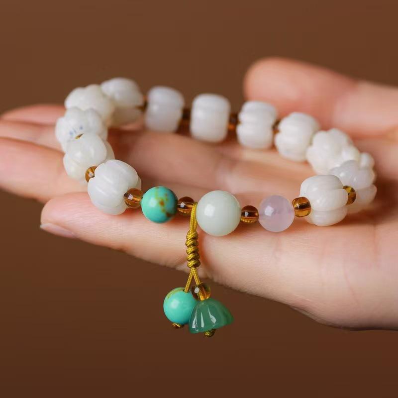 Natural White Jade Bodhi Root Hand-Carved Pumpkin Bead Bracelet and Ring Set