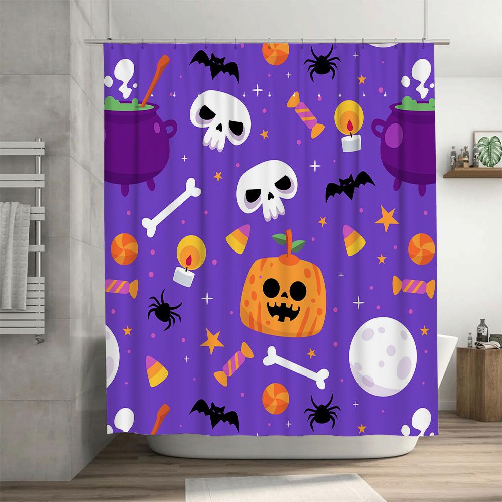 Halloween-Themed Shower Curtain Featuring Pumpkin Candy Skull Design For Bathroom Decor