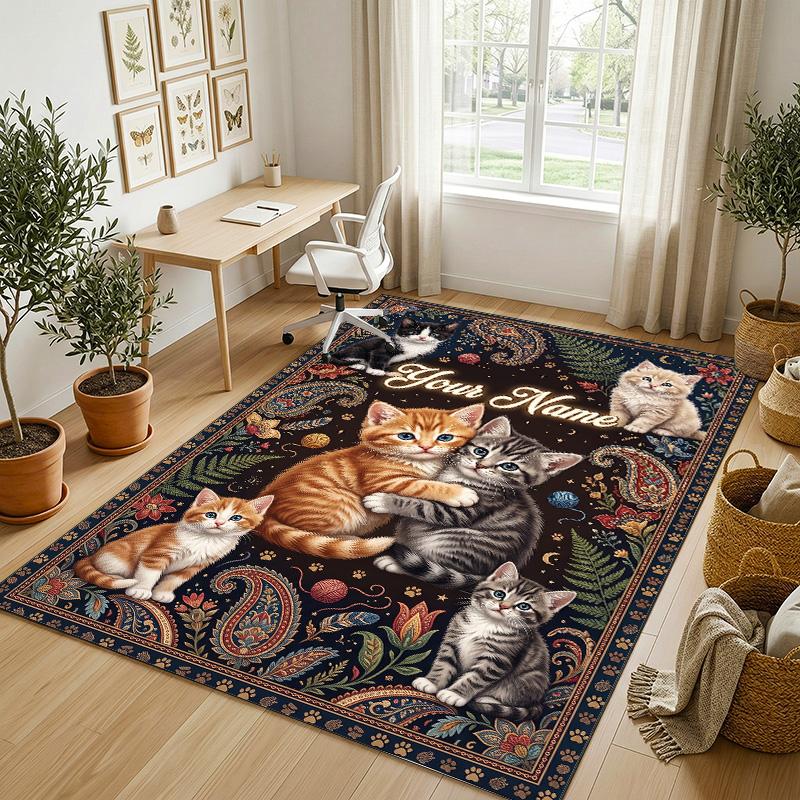 Cat Theme Crystal Velvet Rug Personalized Custom Name Text Soft Floor Mat Home Decor