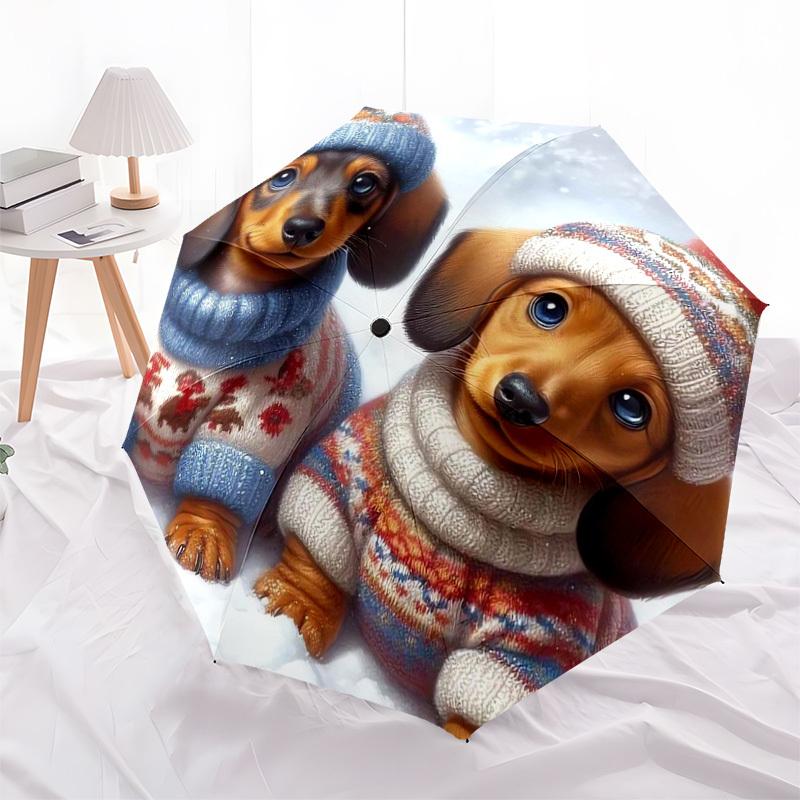 1pc Winter Dachshund Friends Umbrella with Plastic Handle,Suitable for All Seasons Home Travel Outdoor UmbrellaDD302