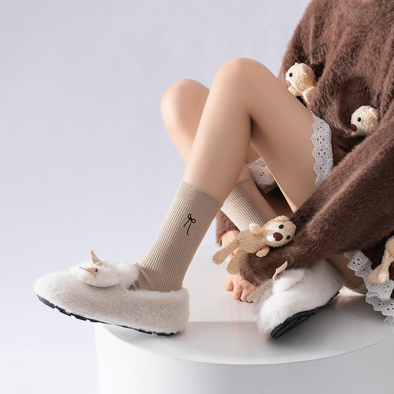 Autumn Socks, Women's Embroidered Bow Mid-calf Lolita Retro Trendy Solid Color Versatile Cotton Socks
