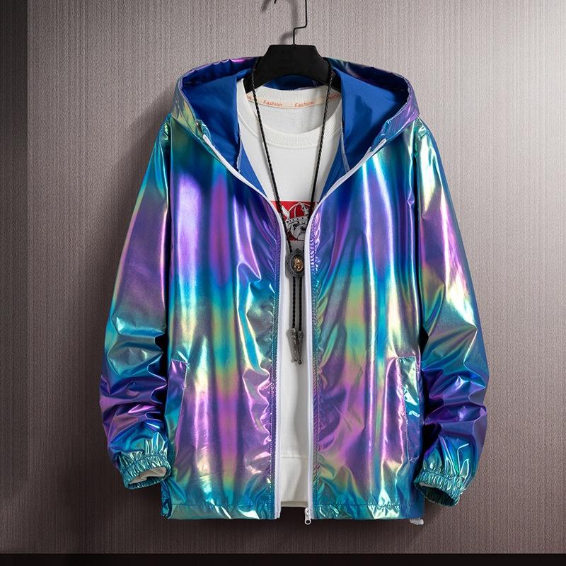 Giacca unisex lucida Cappotto con cappuccio laser Iridescente olografico Harajuku Sun Protect Top Plus Size