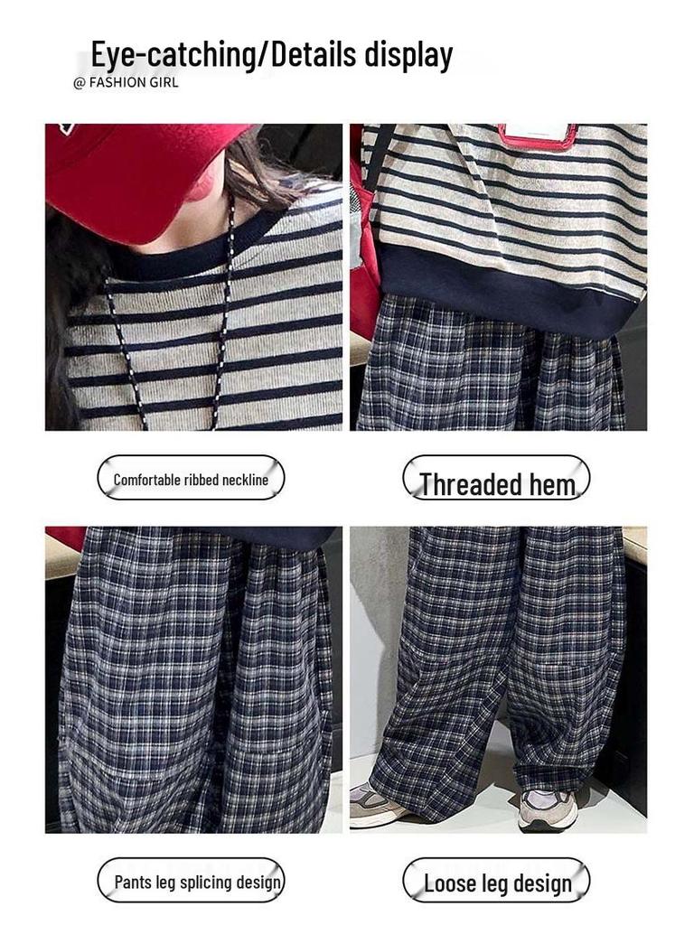 Girls' Plaid Fleece Sweatshirt & Wide-Leg Pants Set - Autumn/Winter Fashion
