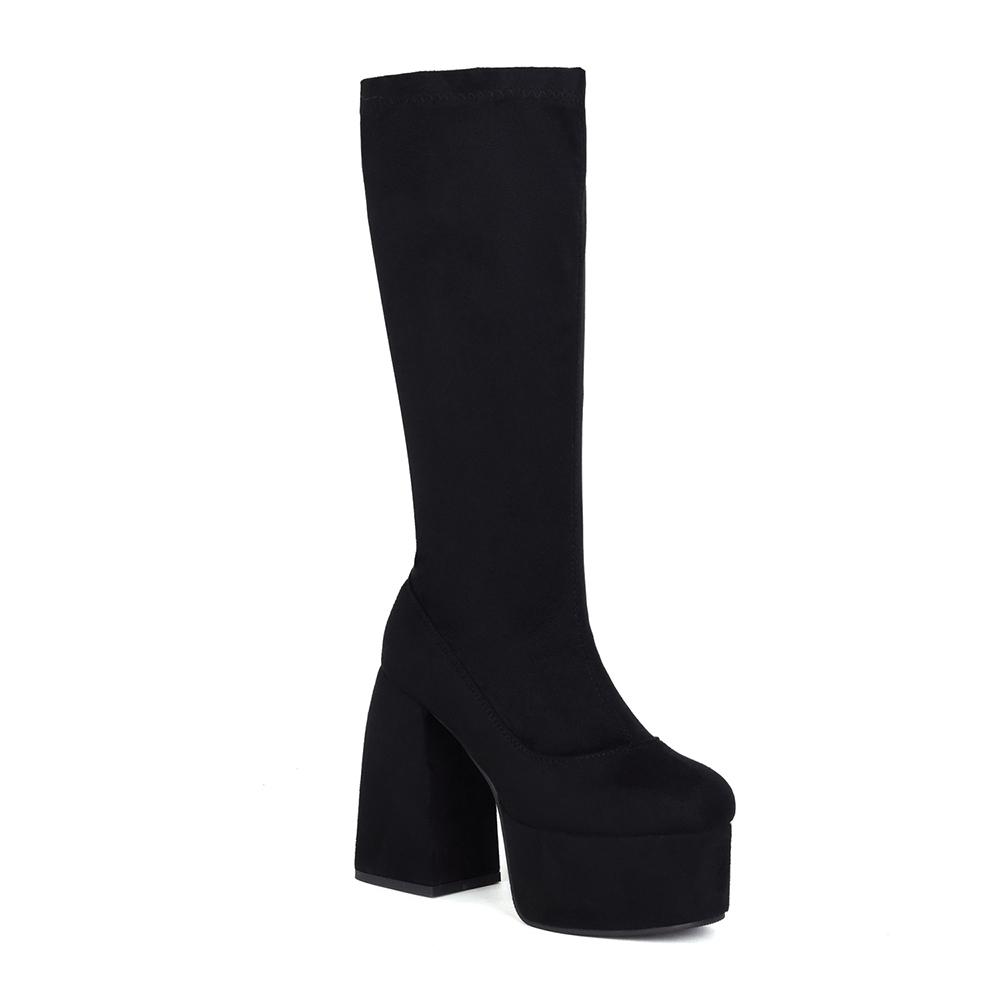 New Super High Thick Heel Leopard Print Short Plush Lining Women's Knee-Length Boots High Waterproof Platform Flock Zipper Boots