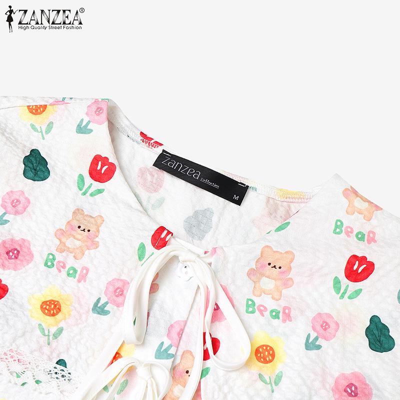 ZANZEA Women Casual Navy Collar Loose 3/4 Sleeve Print Blouse