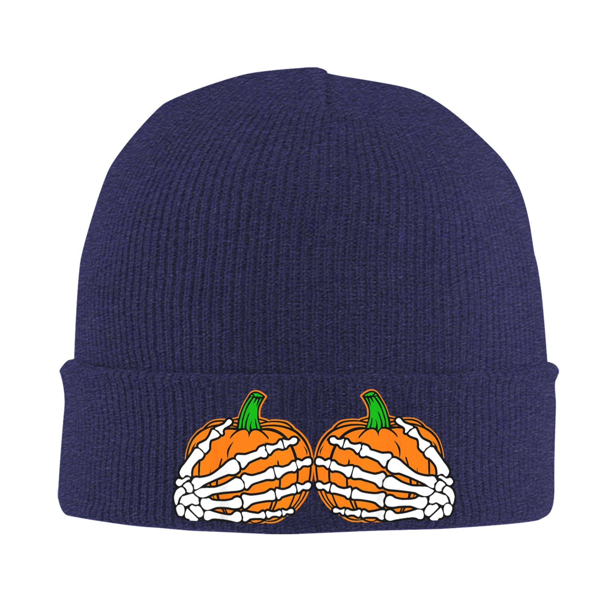 

Funny Halloween Skeleton Hands On Chest Pumpkin Boobs Beanie Hats Knitted Hat Unisex Thermal Elastic Caps Winter Bonnet Hats One Size